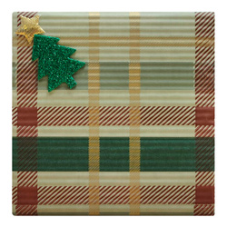 Pakowanie na prezent w zielony papier w kratę z ozdobą z motywem świątecznym